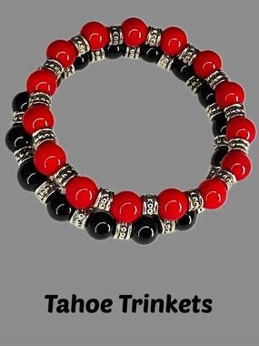 Set of Two Matching Stackable  Beaded Stretch Bracelets Black Red Silver Boho